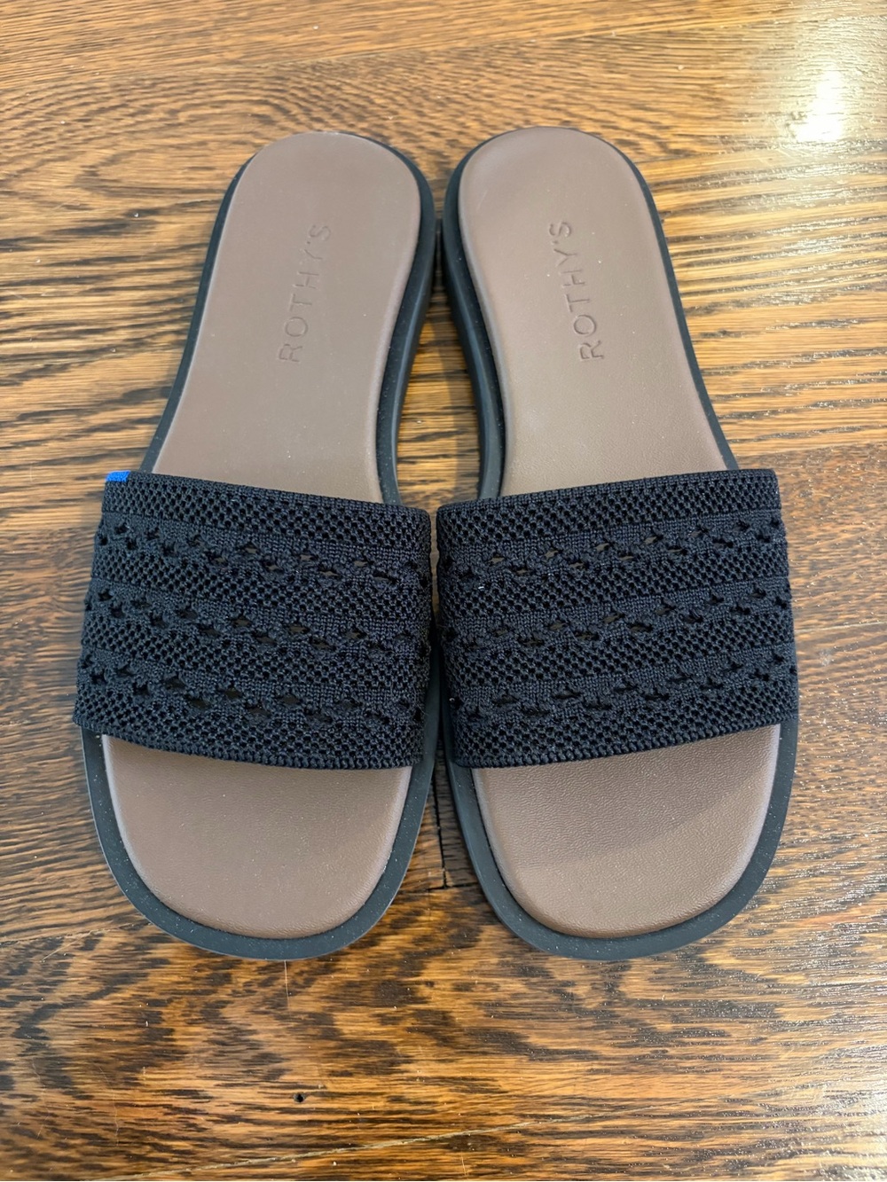 Rothy's Black Knit Slide Sandals with Brown Footbed